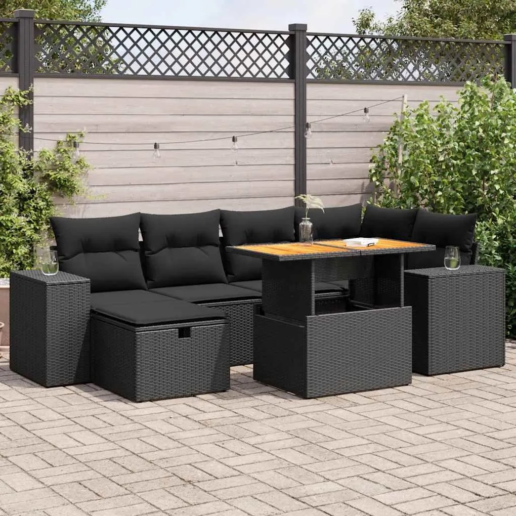 3328084 vidaXL Set mobilier grădină perne 8 piese negru, poliratan/lemn acacia