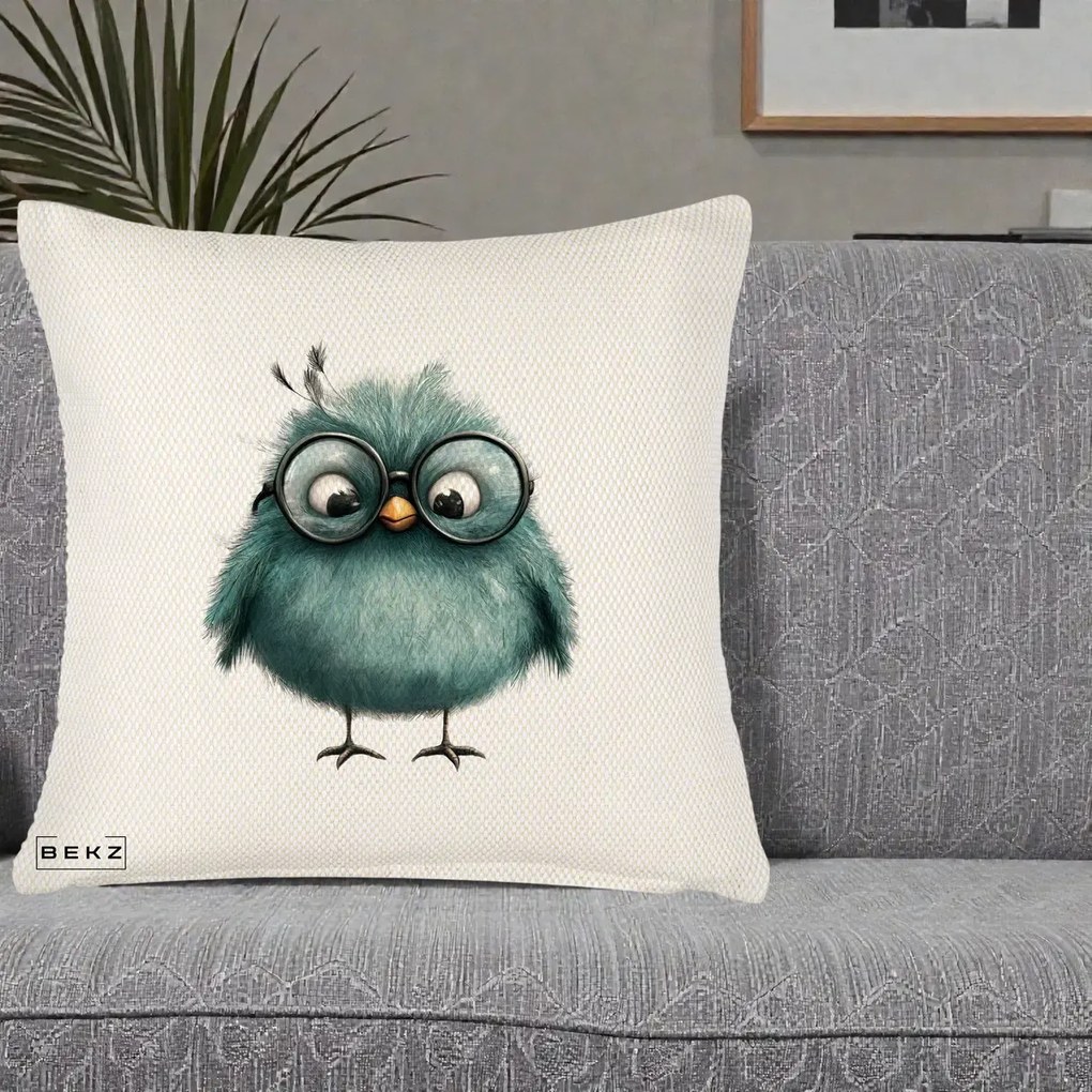 Perna Decorativa Pui Teal cu Ochelari Rotunzi, 40x40 cm, Crem Reliefat, Husa Detasabila, Perna Inclusa, BEKZ®