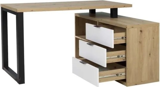 Birou de colț MARO II – 135x115x75.2 cm – Stejar Artisan / Negru+Alb