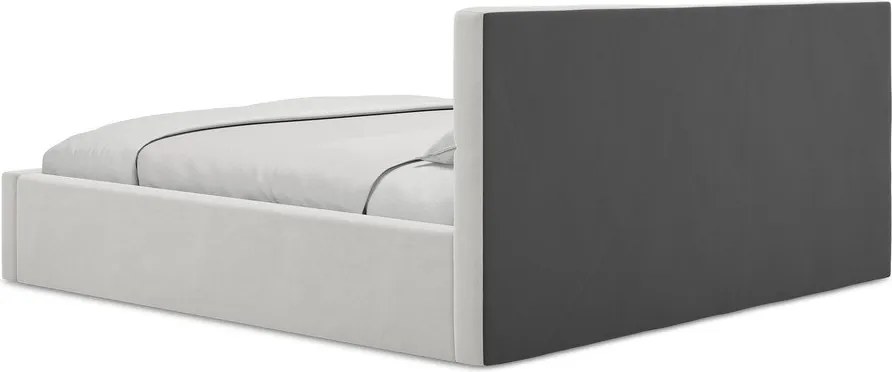 Pat matrimonial gri deschis tapițat din catifea cu spațiu de depozitare cu somieră 140x200 cm Hiko – Makamii