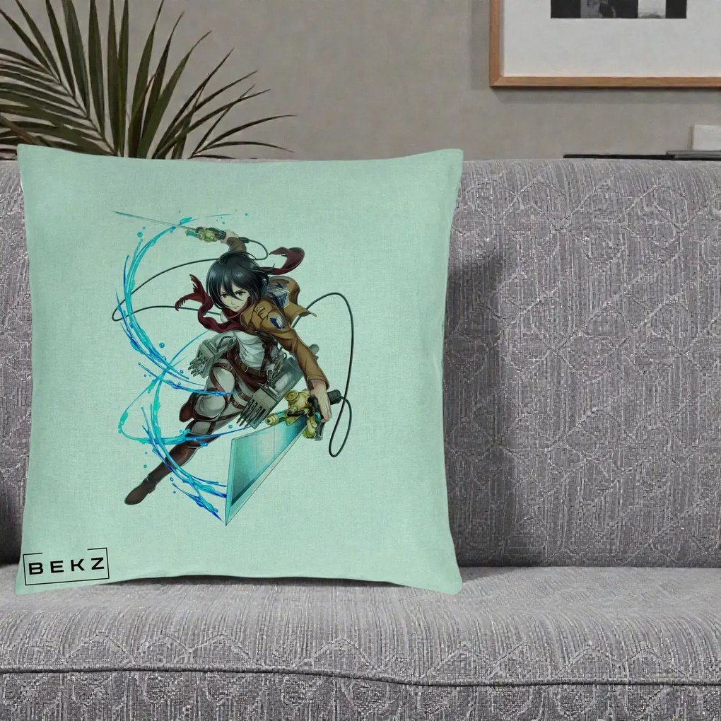 Perna Personalizata Attack on Titan Mikasa Ackerman Lupta, 40x40 cm, Verde Menta, Husa Detasabila, Perna Inclusa, BEKZ®