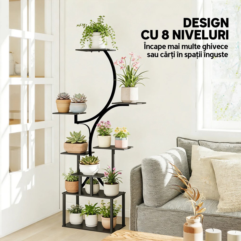 Outsunny Suport pentru Plante cu 8 Rafturi în Formă de S, Suport Ghivece Metalic pentru Interior și Exterior, pentru Grădină, Balcon, Terasă, Cameră de Zi, 74x26x158,5 cm, Negru | Aosom Romania