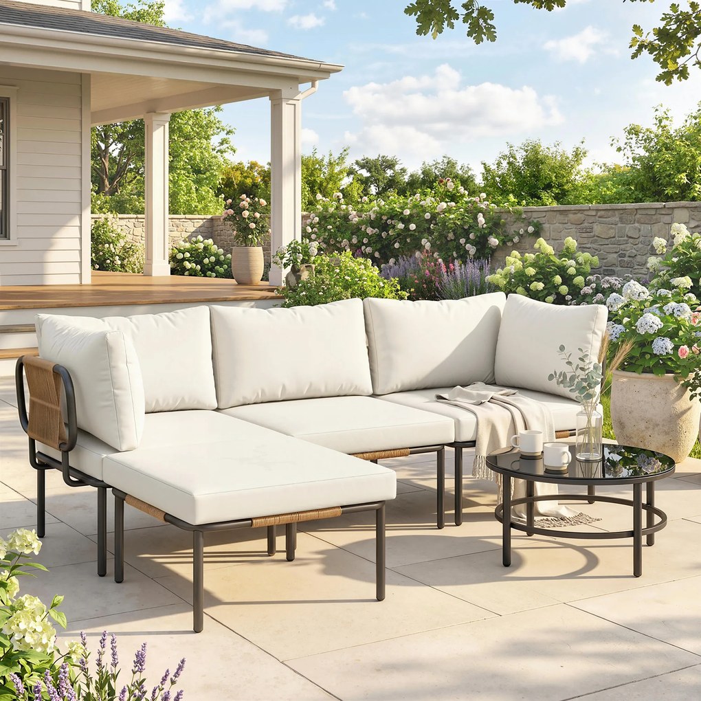 Outsunny Set Grădină, 5 Piese, Rattan Modular în L cu Perne, Culoare Bej | Aosom Romania