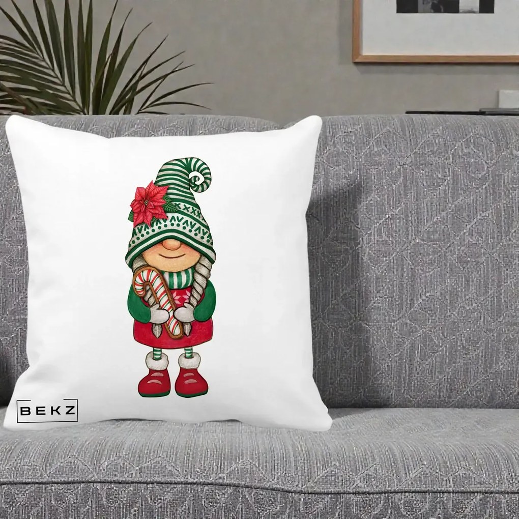 Perna Decorativa Gnom Craciun Verde cu Bomboane si Floare, 40x40 cm, Alba Mata, Husa Detasabila, Perna Inclusa, BEKZ®