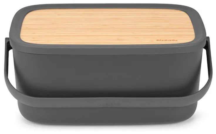 Cutie de paine Brabantia Nic 1003255, 39.5 cm, Capac din bambus, Maner de transport, Gri