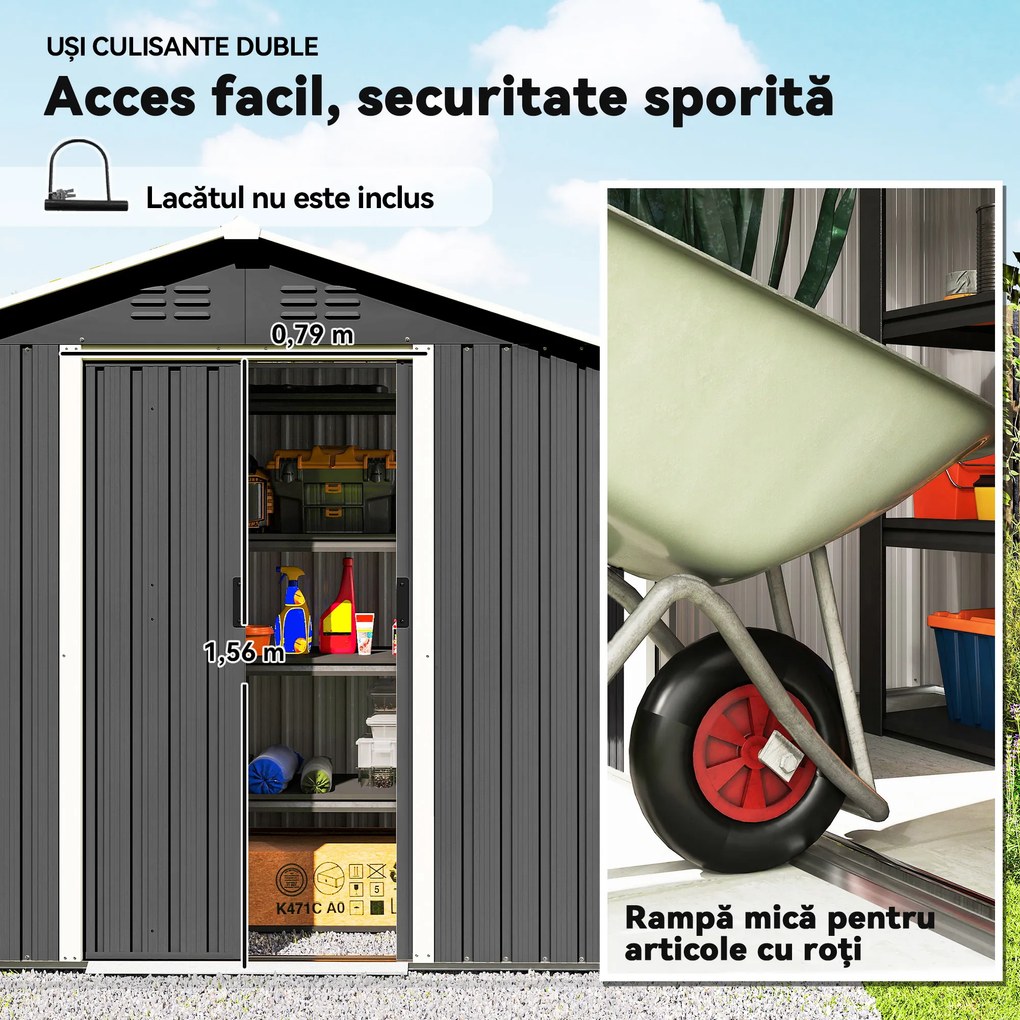 Outsunny Căsuță de Grădină, Magazie pentru Unelte, Oțel, 194x107x191 cm, Gri | Aosom Romania