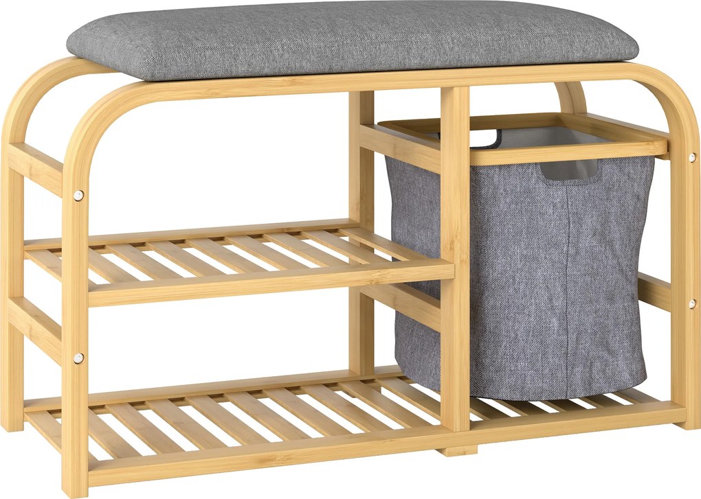 HOMCOM Bancă pentru Pantofi din Bambus cu 2 Rafturi și Coș Detașabil, 70x30x45 cm, Lemn | Aosom Romania