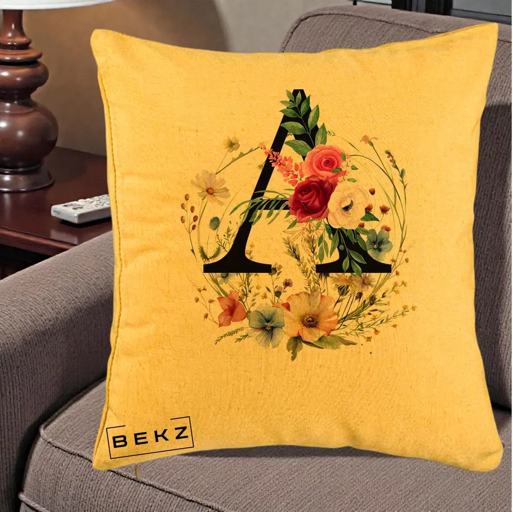 Cadou Personalizat - Perna Personalizata Monogram Litera A cu Flori Acuarela, 40x40 cm, Galben, Husa Detasabila, Perna Inclusa, BEKZ®