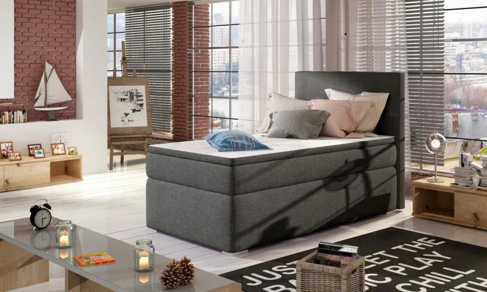 Pat tapitat, boxspring, cu spatiu pentru depozitare, 90x200 cm, Rocco R01, Eltap (Culoare: Gri inchis piele / Soft 11)