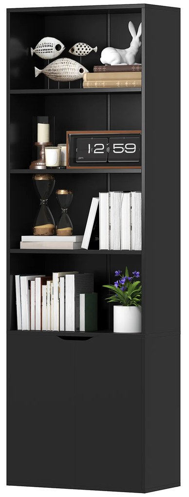 HOMCOM Bibliotecă Dulap pentru cărți cu 4 compartimente deschise și 2 uși pentru sufragerie și birou 59x29x180 cm Negru | Aosom Romania