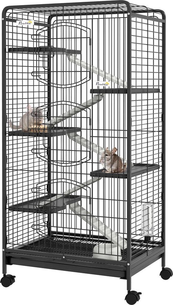 PawHut Cușcă pentru Animale Mici și Rozătoare cu Roți, 5 Rampe și 5 Platforme, 61.5x44x131 cm, Negru | Aosom Romania