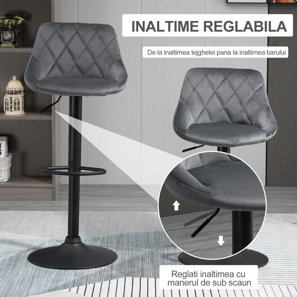 HOMCOM Scaun bar Reglabile in Inaltime cu Spatar, Greutate Suportata 120kg,51.5x48x83-104cm, gri | Aosom Romania