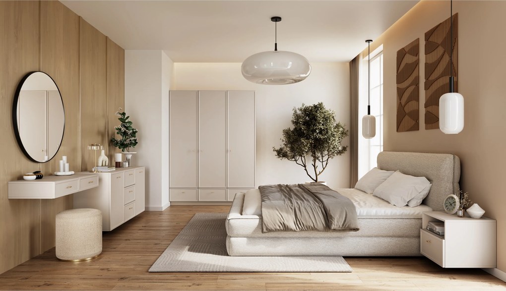 Consolă suspendată cu sertare Lorini 100 cm - cașmir / mânere aurii T-bar