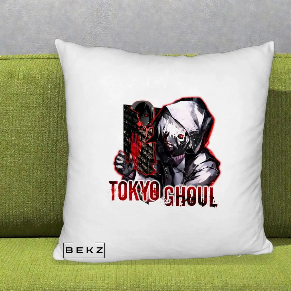 Perna Personalizata Tokyo Ghoul Ken Kaneki Anime, 40x40 cm, Alb Pufos, Husa Detasabila, Perna Inclusa, BEKZ®