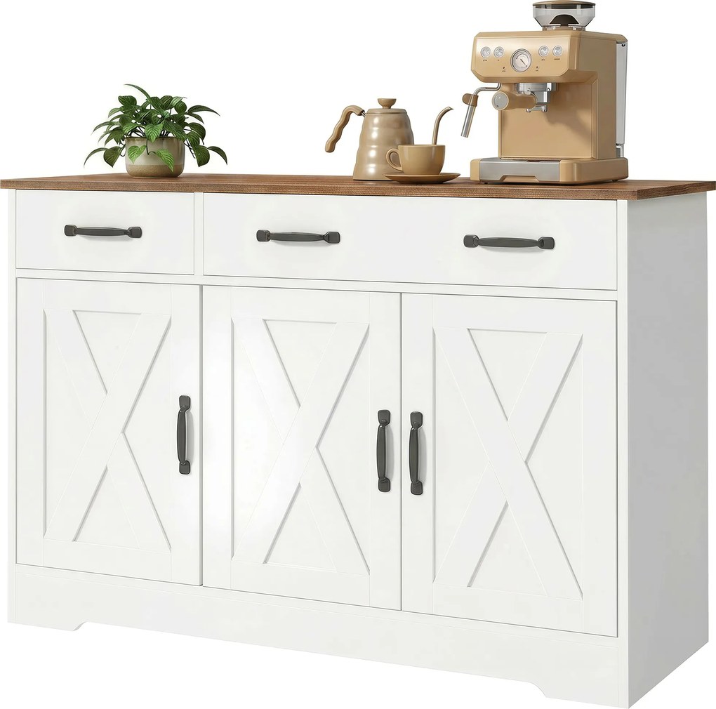 HOMCOM Bufet de bucătărie, mobilier de depozitare cu 3 uși tip hambar, 2 sertare și rafturi reglabile, 108 x 40 x 81 cm, alb | Aosom Romania