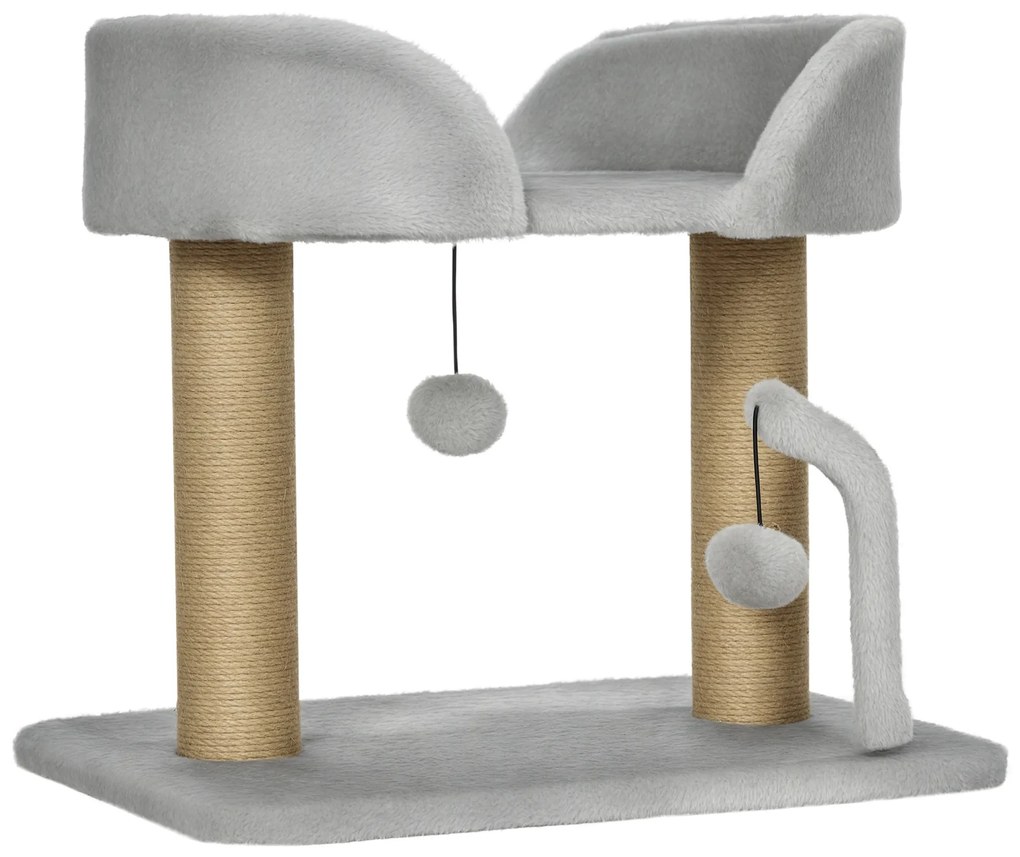 PawHut Arbore de pisici cu zgâriere design cu 2 jucării mărgea atârnate 2 stâlpi de iută platformă de pluș iută 48 x 38 x 42 cm gri | Aosom Romania