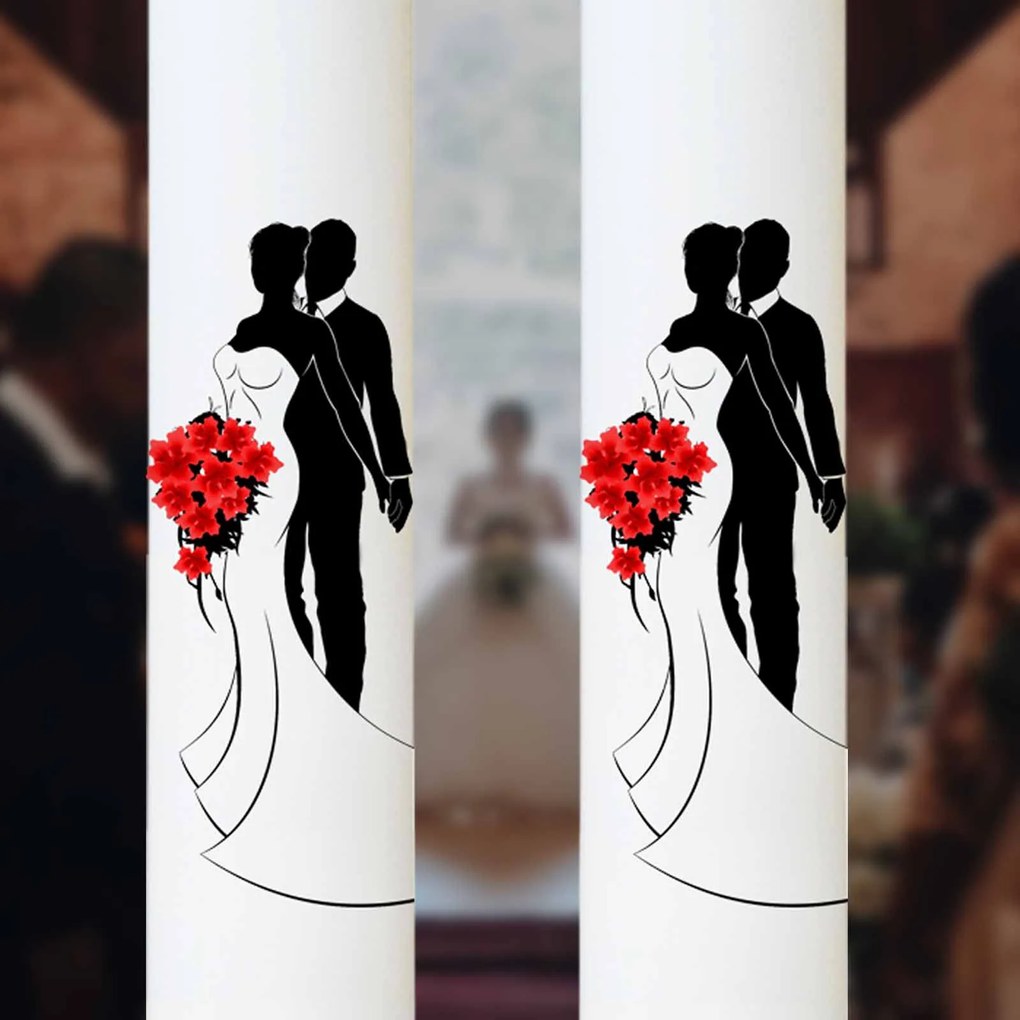 Set 2 Lumanari Nunta Mire si Mireasa cu buchet rosu 5,5 cm, 50 cm