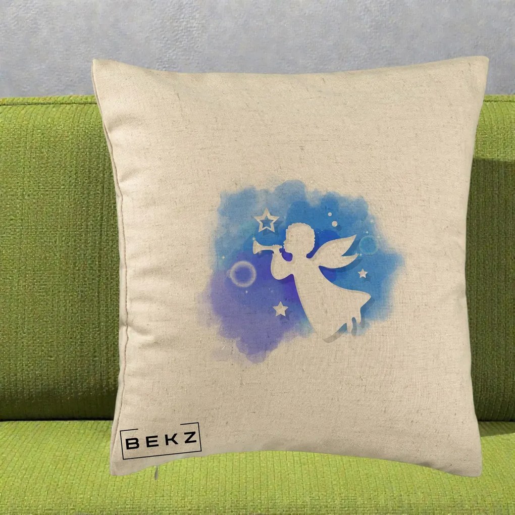 Perna Decorativa Inger cu Trompeta Albastru, 40x40 cm, Bej, Husa Detasabila, Perna Inclusa, BEKZ®