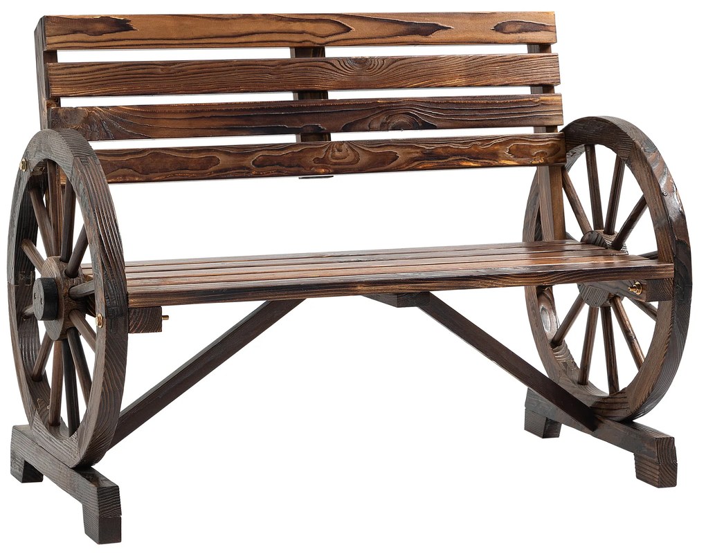 Outsunny Banc de grădină cu design de roată de căruț, pentru 2 persoane, lemn natural, maro închis, 105,5 x 56 x 79cm | Aosom Romania