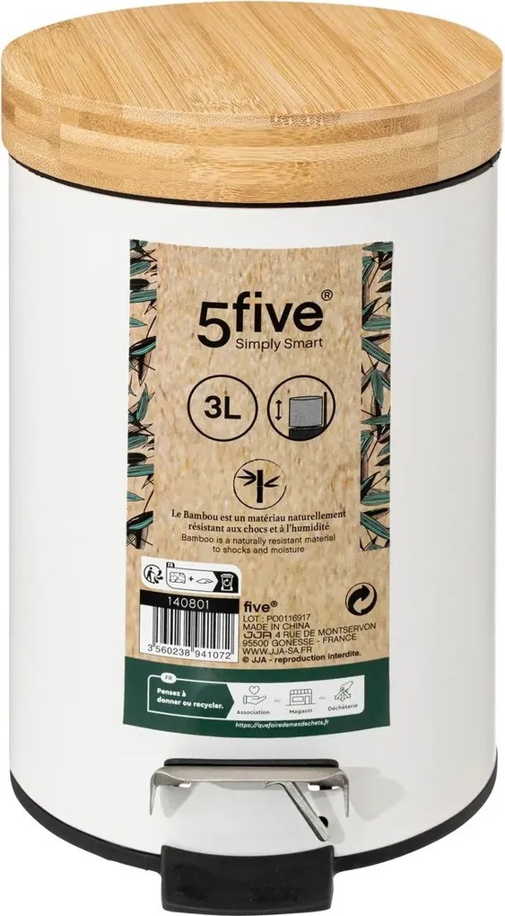 Cos de gunoi cu capac din bambus NATUREO 3L, alb