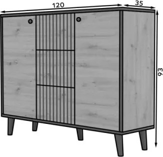 Comodă cu doua usi si trei sertare, 120x35x90cm, FADI, ADRK Furniture (Culoare: Alb / Negru)