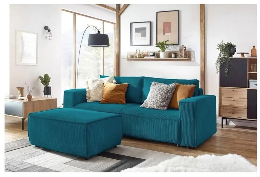 Taburet turcoaz cu tapițerie din catifea reiată Nihad – Bobochic Paris