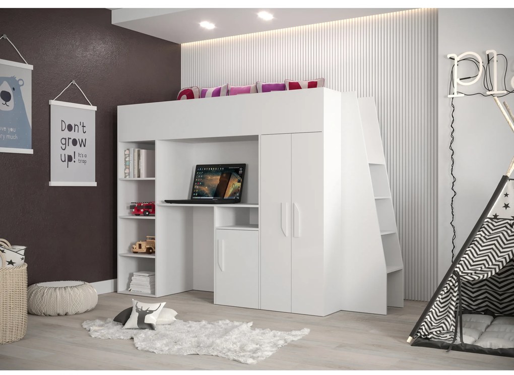 Pat pentru copii combinat 90 cm Puro 15 (alb mat + alb lucios + mânere albe). 1087098