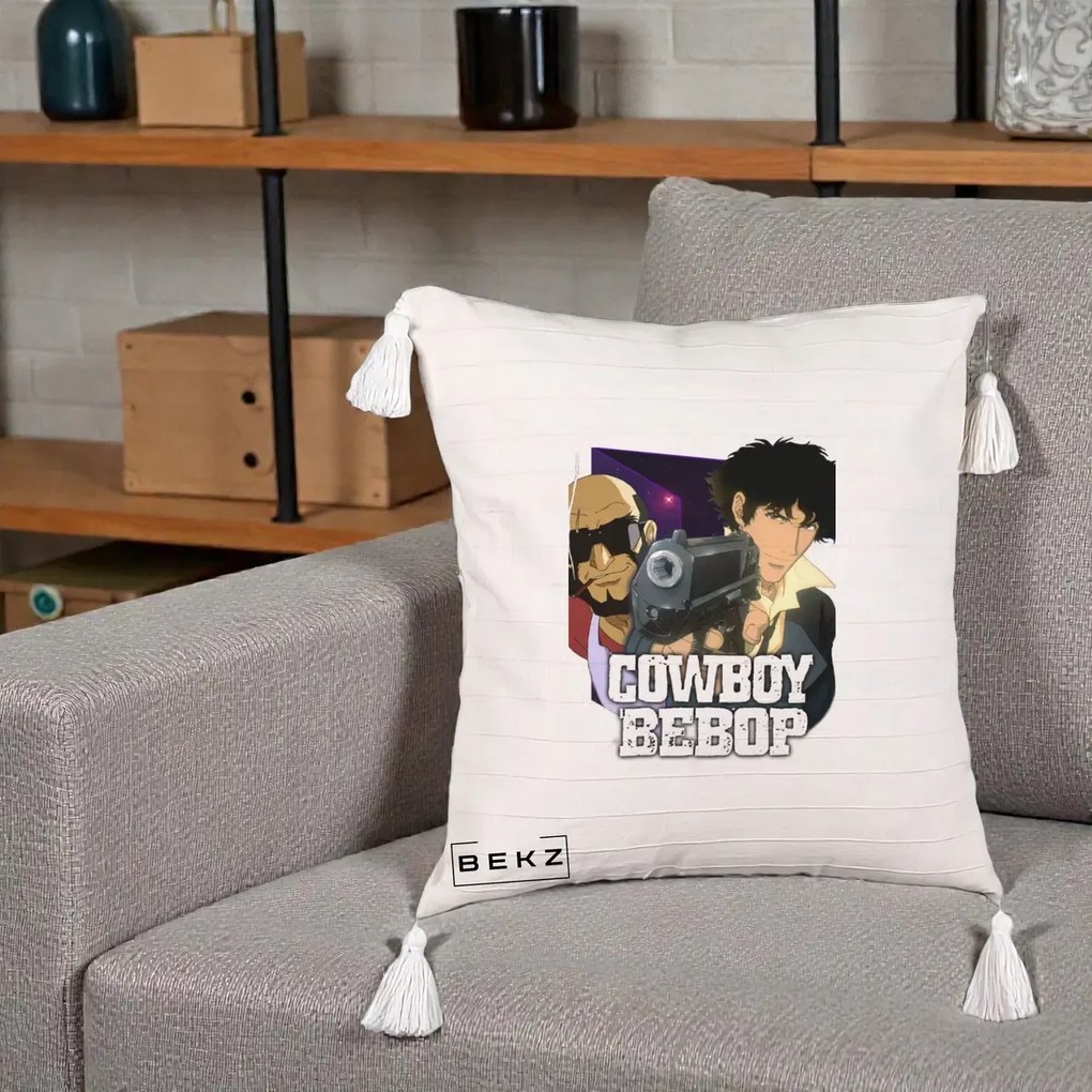 Perna Personalizata Cowboy Bebop Spike si Jet Poster, 40x40 cm, Bej cu Franjuri, Husa Detasabila, Perna Inclusa, BEKZ®