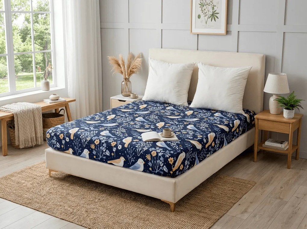 Cearsaf din microfibra DENIM BIRDS albastru 180x200 cm
