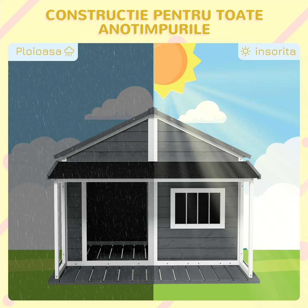 PawHut Casuță din Lemn de Exterior pentru Câini, Cușcă pentru Câini cu Terasă, Fereastră și Acoperiș Impermeabil, 124x112x105 cm, Gri | Aosom Romania