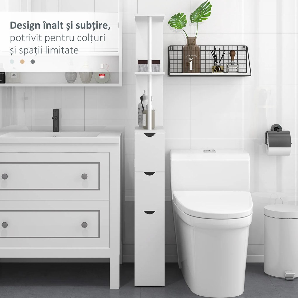 HOMCOM Dulap de Baie din Lemn cu Rafturi și Sertare, 15x33x136 cm, Lemn Natural | Aosom Romania