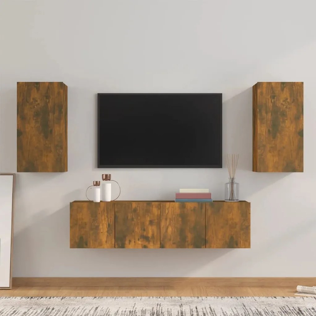 3120206 vidaXL Set dulapuri TV, 4 piese, stejar fumuriu, lemn prelucrat