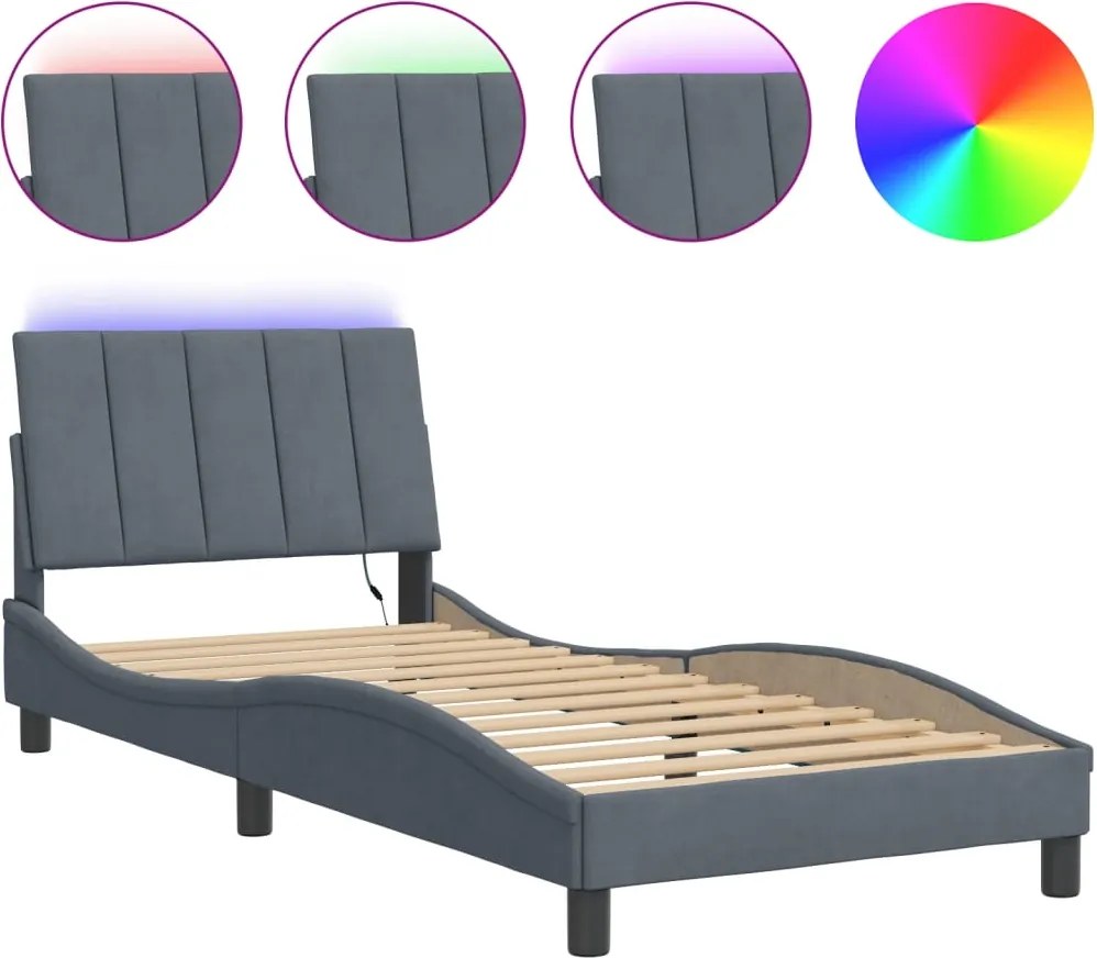 vidaXL Cadru de pat cu LED fără saltea, Hanko, gri închis, 80x200 cm, catifea