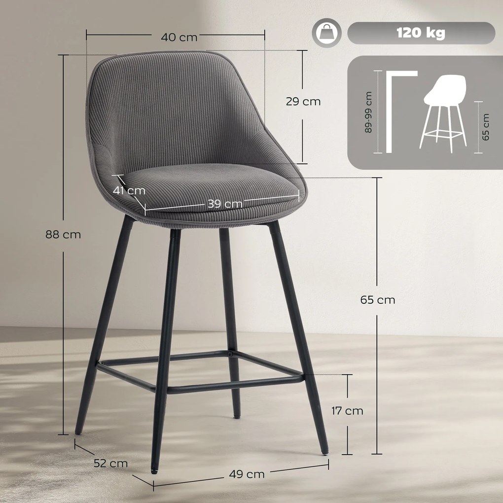 HOMCOM Set de 2 scaune de bar cu tapițerie din corduroy și picioare din oțel, scaune tapițate pentru insula de bucătărie, sufragerie, Gri | Aosom Romania
