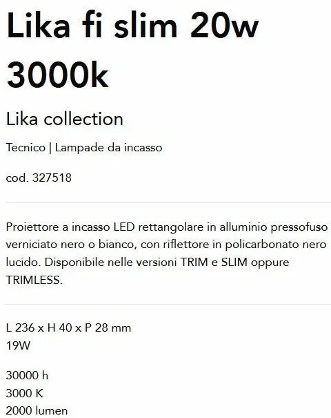 Spot dreptunghiular / Proiector LED incastrabil Lika fi slim 20w 3000k, negru