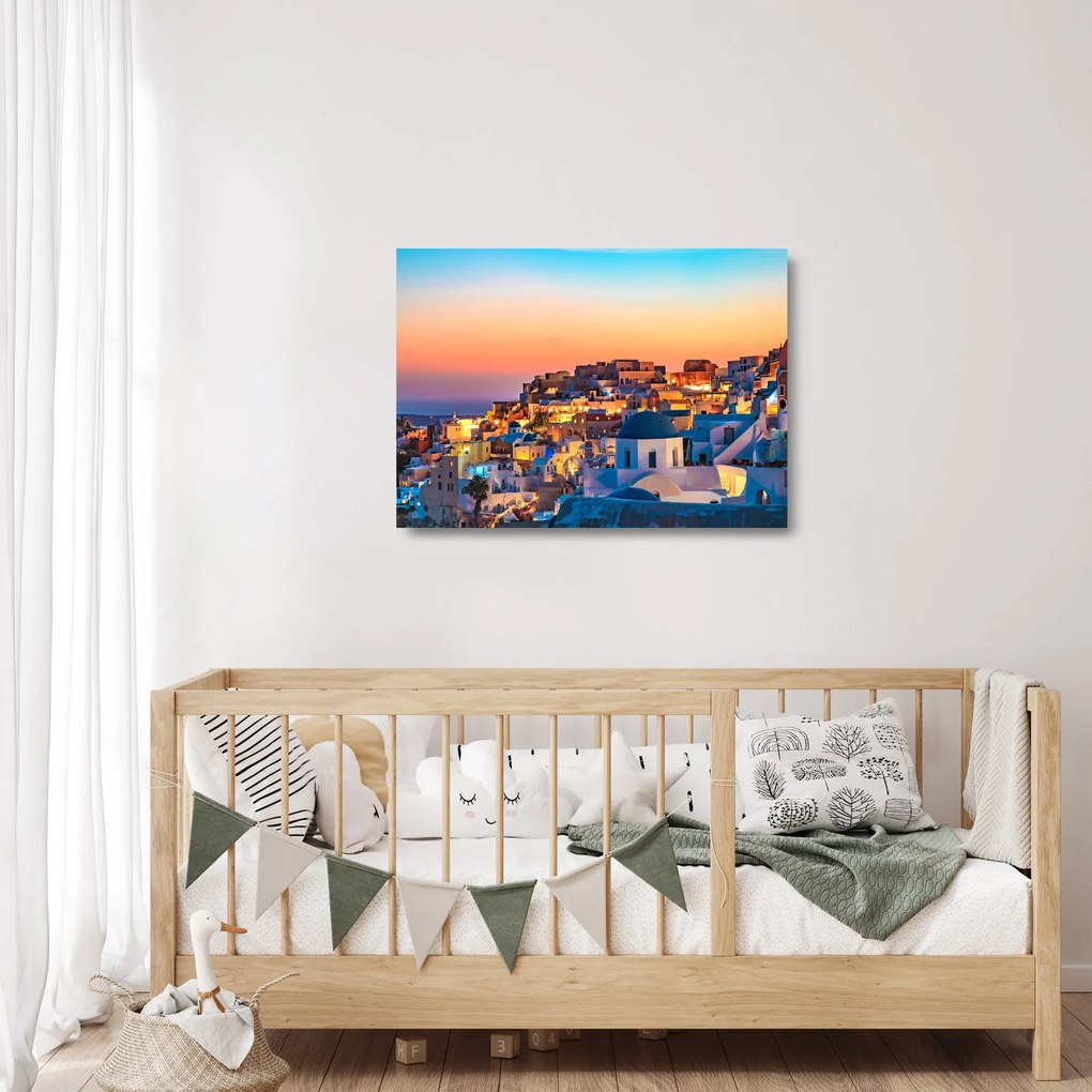 Tablou pe sticlă - Santorini în amurg (70x50 cm)