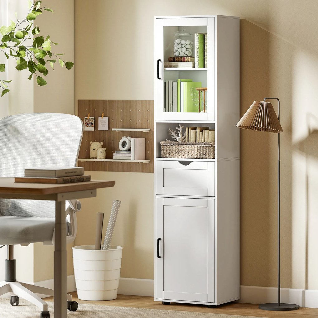 HOMCOM Mobilier de Baie Slim cu Dulapuri și Ușă din Sticlă, Mobilier Economizitor de Spațiu cu Raft Deschis, Sertar și Rafturi Ajustabile, Coloană Modernă, 40x30x165 cm, Alb | Aosom Romania