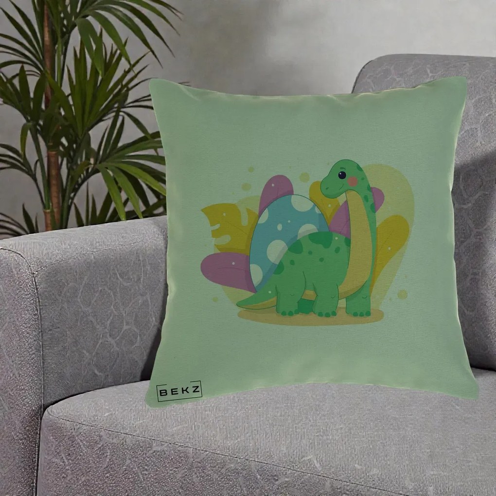 Perna Personalizata Dinozaur cu Ou Pastelat, 40x40 cm, Verde, Husa Detasabila, Perna Inclusa, BEKZ®