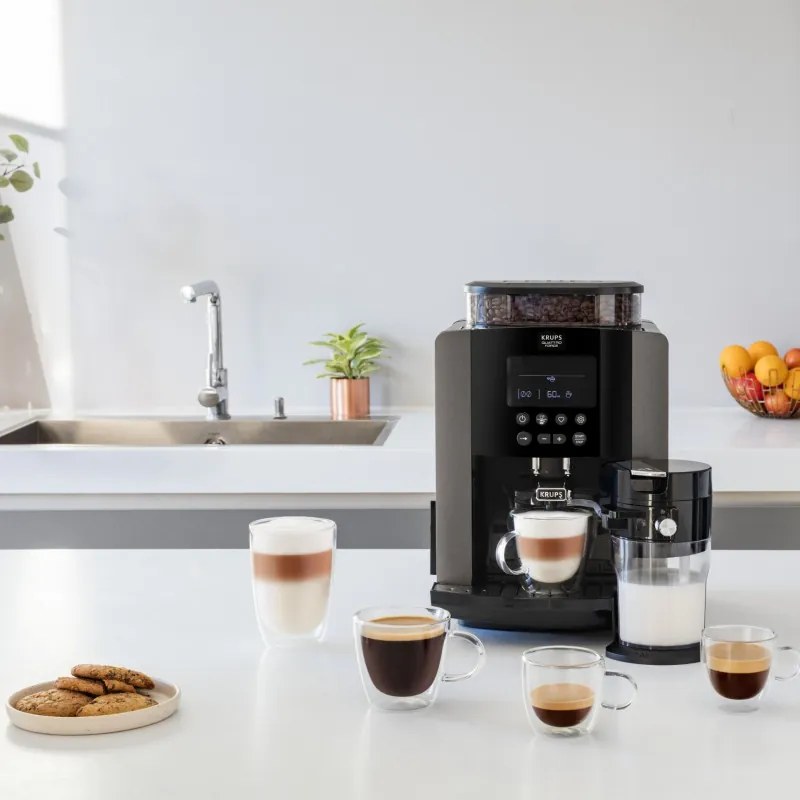Espressor automat Krups Arabica Latte EA819E10, 1450W, 15 bar, 1.7 l, LCD, 5 programe, 3 functii, 3 setari de temperatura si aroma, Milk Comfort / One Touch Cappuccino, Negru
