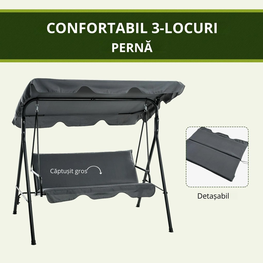 Outsunny Leagăn de Grădină cu 3 Locuri cu Copertină și Cadru din Oțel și Poliester, 172x110x153 cm, Gri
