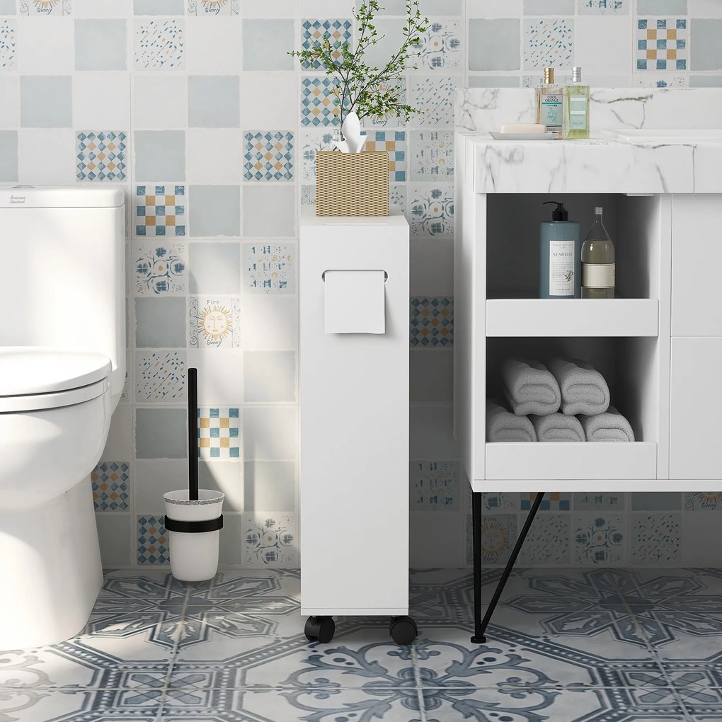 kleankin Corp de depozitare toaletă/baie cu locaș pentru hârtie igienică pe roți - 52 x 17 x 67 cm alb | Aosom Romania