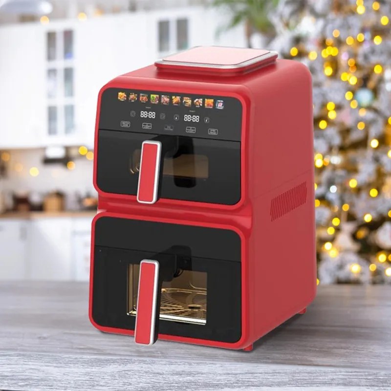 Friteuză cu aer cald NostroLux Noir-Rogue NL51980CD, 3000 W, 4,5 + 6,5 l, 12 programe, până la 200 °C, 2 zone independente, deshidratare, sincronizare, ecran tactil, cronometru, roșu/negru