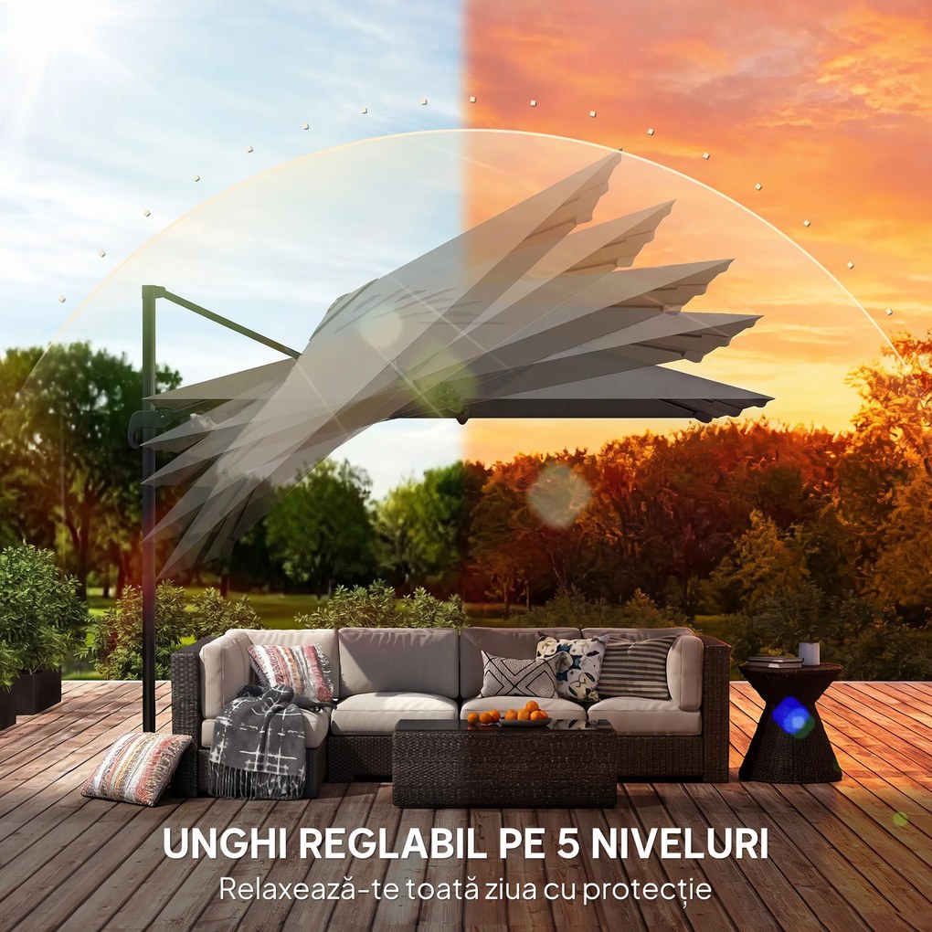 Outsunny Umbrelă de Grădină Decentralizată cu Manivelă 3x3m, Înclinabilă, Rotativă 360°, Umbrelă de Exterior Pătrată cu Bază Cruce, din Aluminiu, pentru Terasă sau Piscină, UV30+, Gri Închis | Aosom Romania