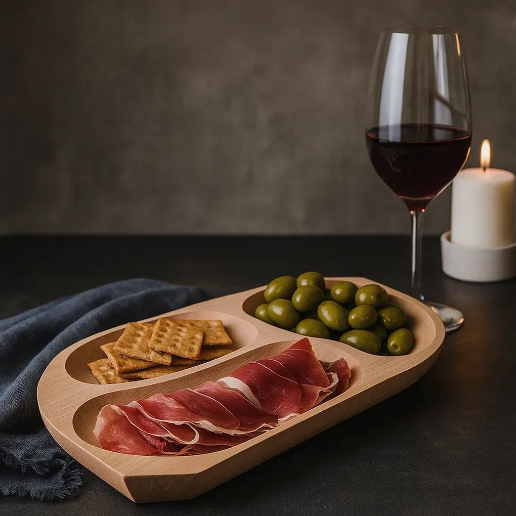 Platou din lemn cu 3 compartimente, fag, 43x23 cm