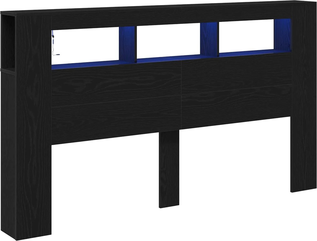vidaXL Tăblie LED Stejar Negru 180 x 18,5 x 103,5 cm Lemn compozit