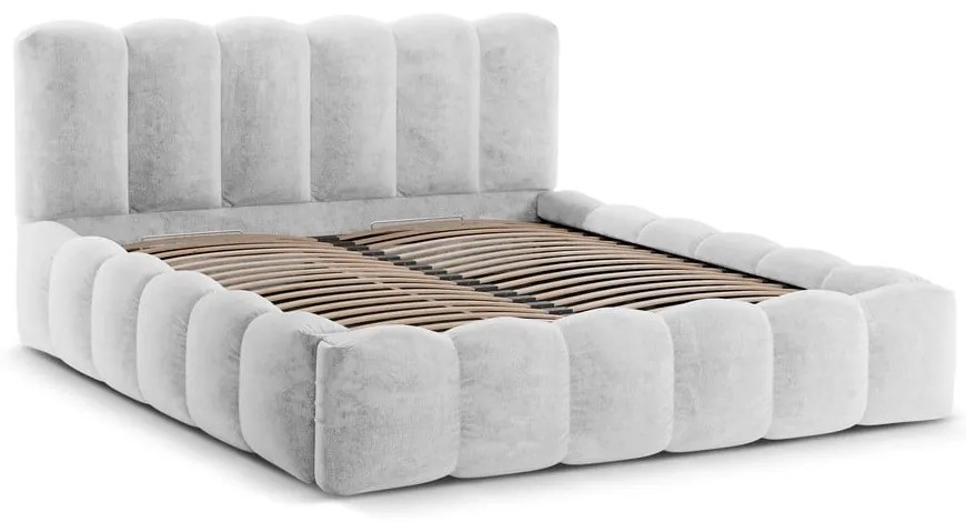Pat matrimonial gri deschis tapițat cu spațiu de depozitare cu somieră 160x200 cm Lupine – Micadoni Home