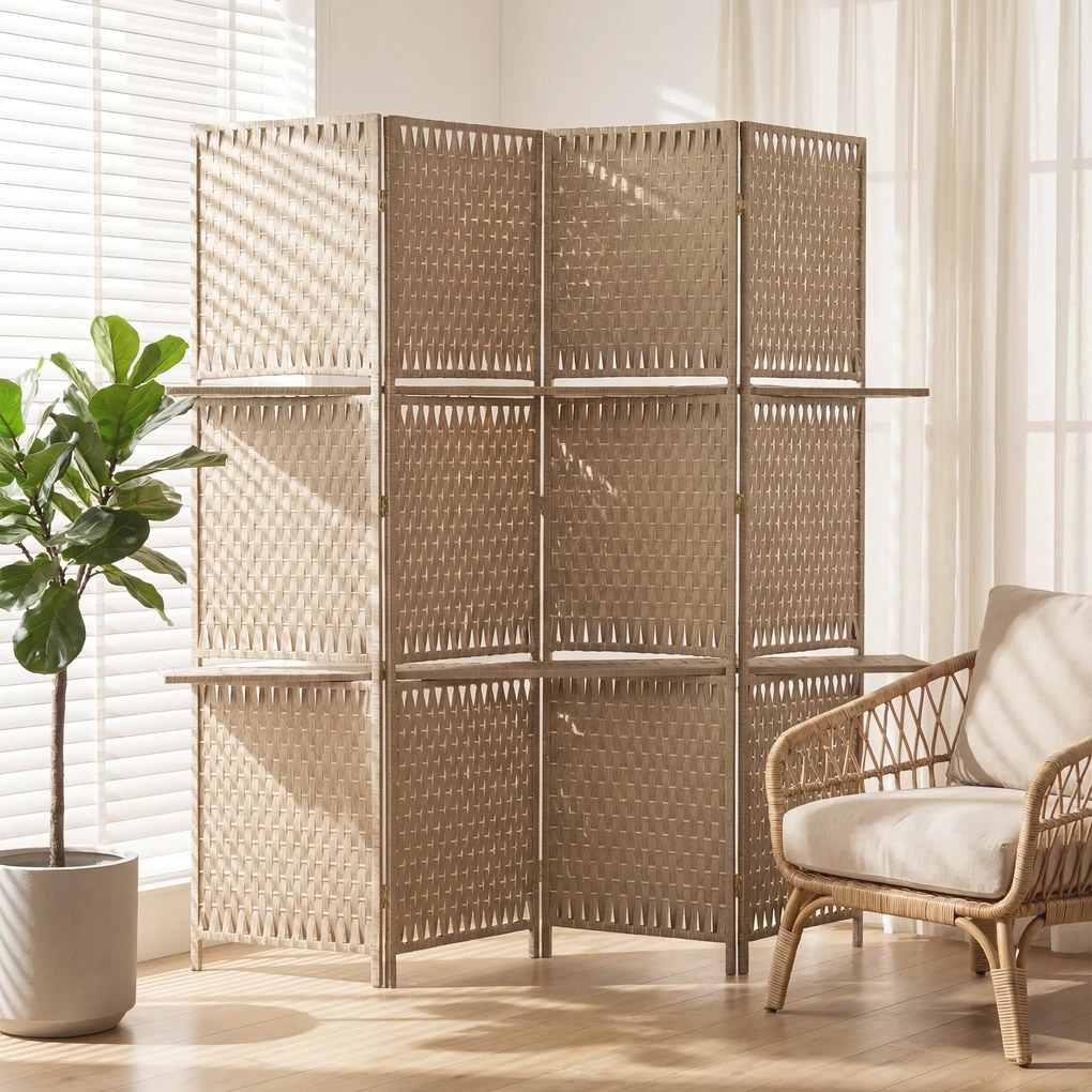 HOMCOM Separator de camere 4 panouri 2 rafturi pliabile natural pai | Aosom Romania