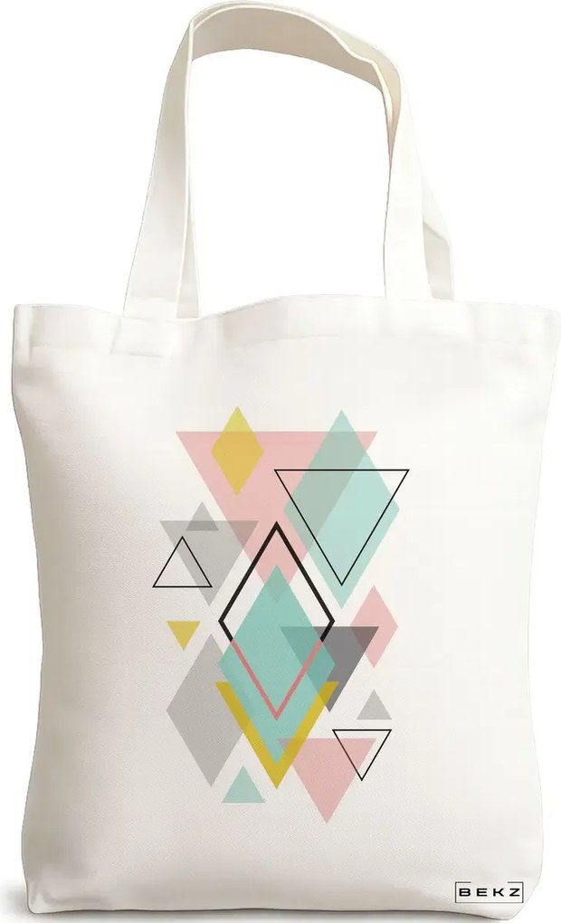 Sacosa de Panza pentru Cumparaturi, Geanta Tote, model Geometrica Pastel, 38x34.5 cm, Alba, BEKZ®