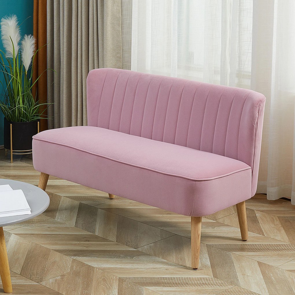 Sofa 2 locuri din stofa HOMCOM Canapea tapitata Canapea dubla Mobilier de living Canapea din lemn Material textil moale Spuma de poliester Roz 117 x 56,5 x 77 cm | Aosom Romania