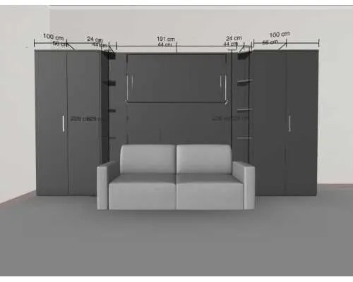 Set pat rabatabil dublu cu somiera inclusa NOVA cu canapea si 2 dulapuri Acordeon (100 cm) - Nova FULL Wardrobes & Case Double Sofa SET (150X200)